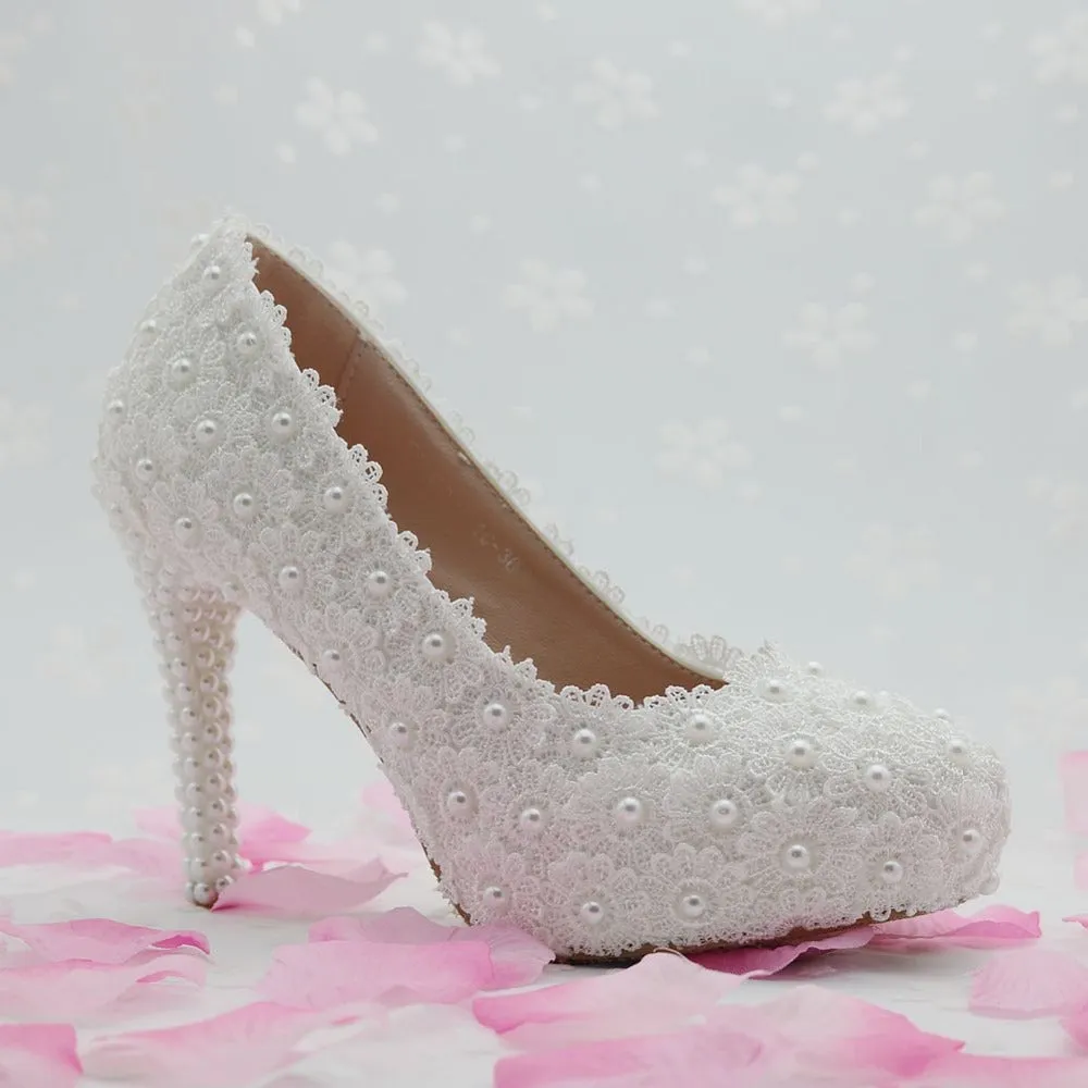 10cm white lace wedding shoes heels pumps for women thin heels platform wedding shoes party heels round toe women pumps white