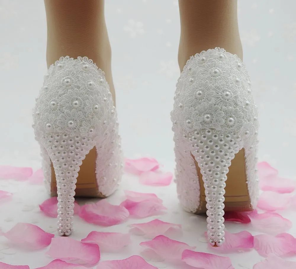10cm white lace wedding shoes heels pumps for women thin heels platform wedding shoes party heels round toe women pumps white