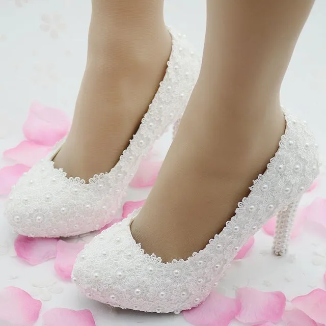 10cm white lace wedding shoes heels pumps for women thin heels platform wedding shoes party heels round toe women pumps white