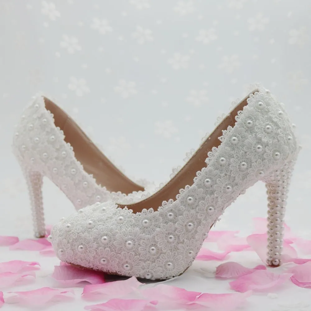 10cm white lace wedding shoes heels pumps for women thin heels platform wedding shoes party heels round toe women pumps white
