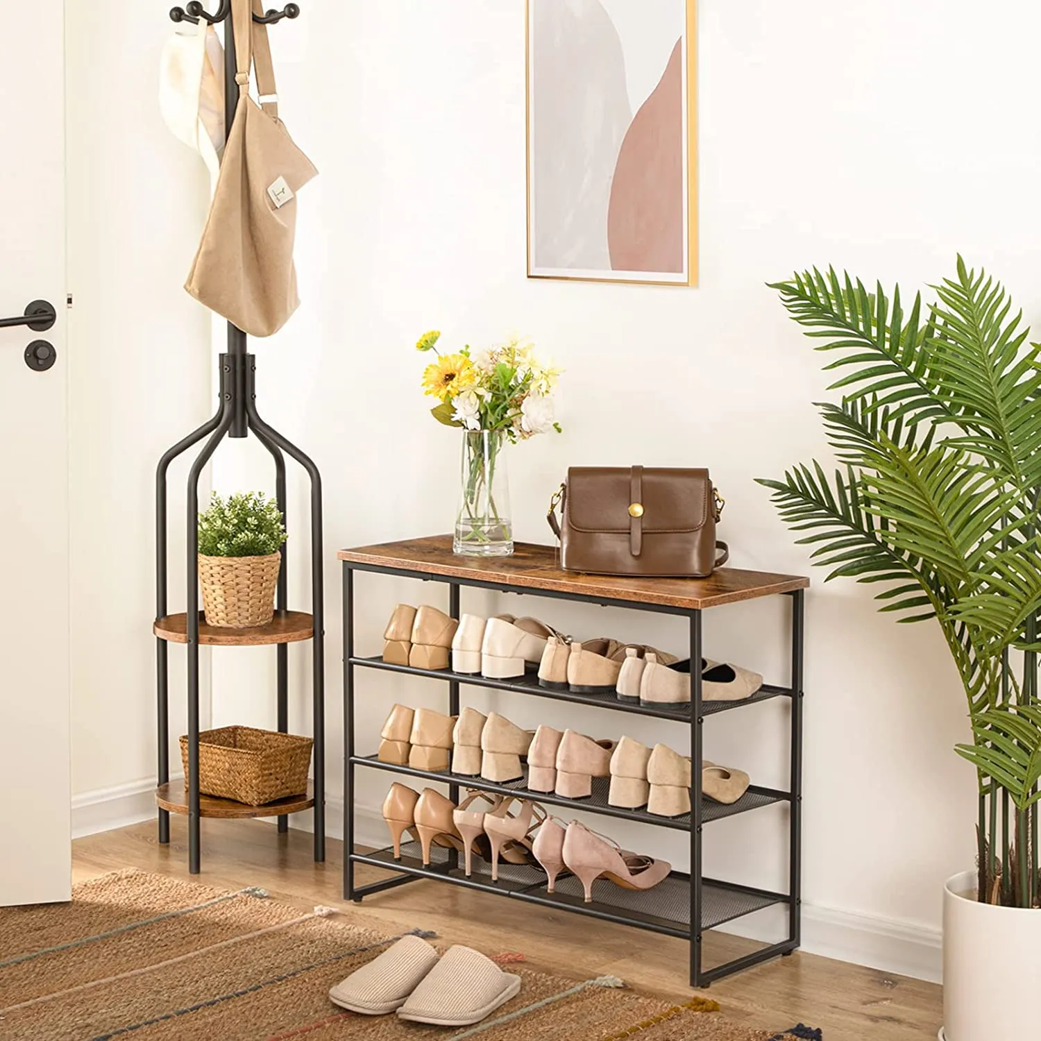4 Tier Shoe Rack, Shoe Storage Organizer, Shoe Shelf with 3 Mesh Shelves