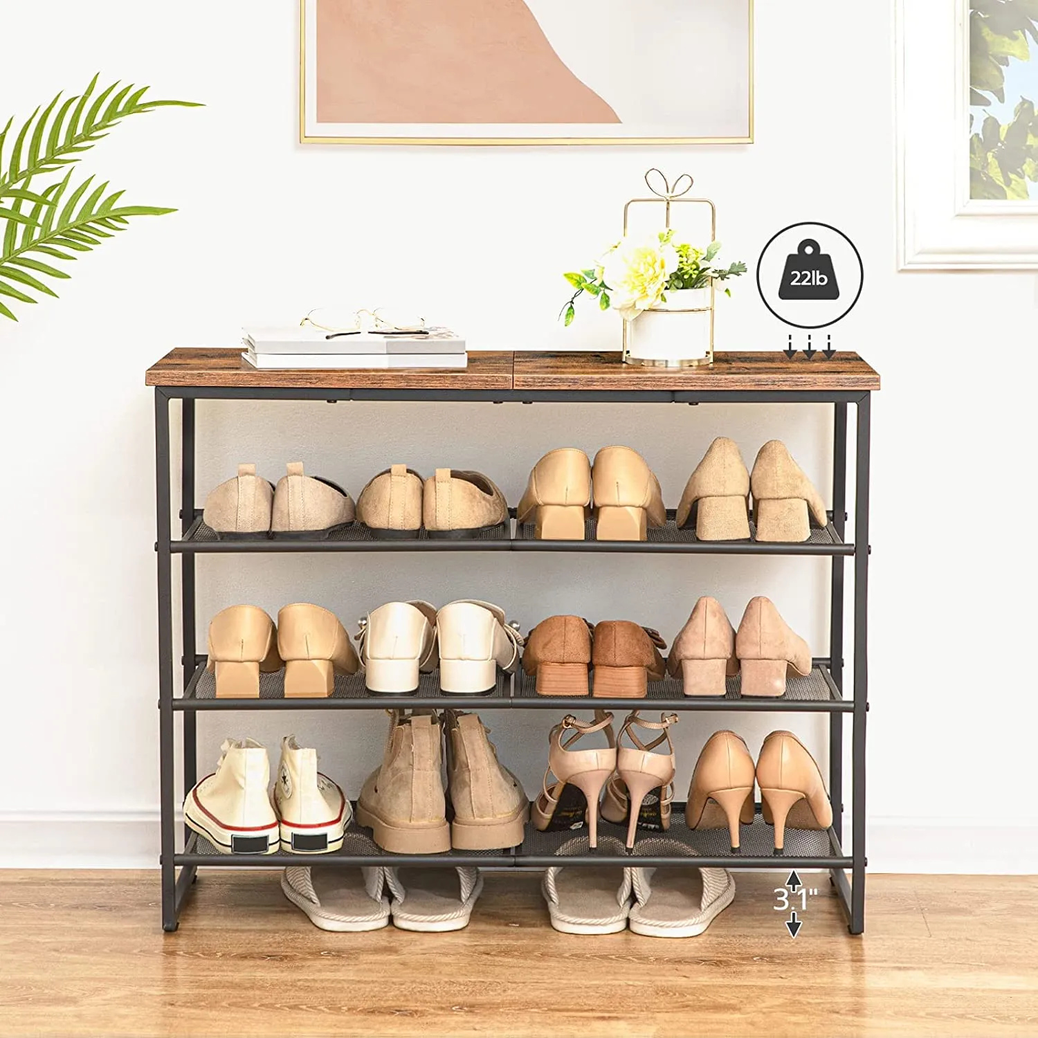 4 Tier Shoe Rack, Shoe Storage Organizer, Shoe Shelf with 3 Mesh Shelves