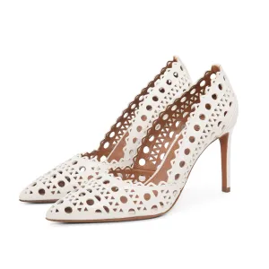 Alaia White Laser Cut Lambskin Openwork Pumps 37
