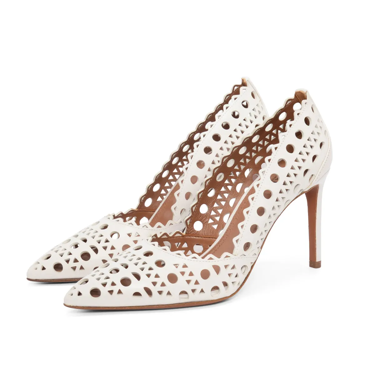 Alaia White Laser Cut Lambskin Openwork Pumps 37