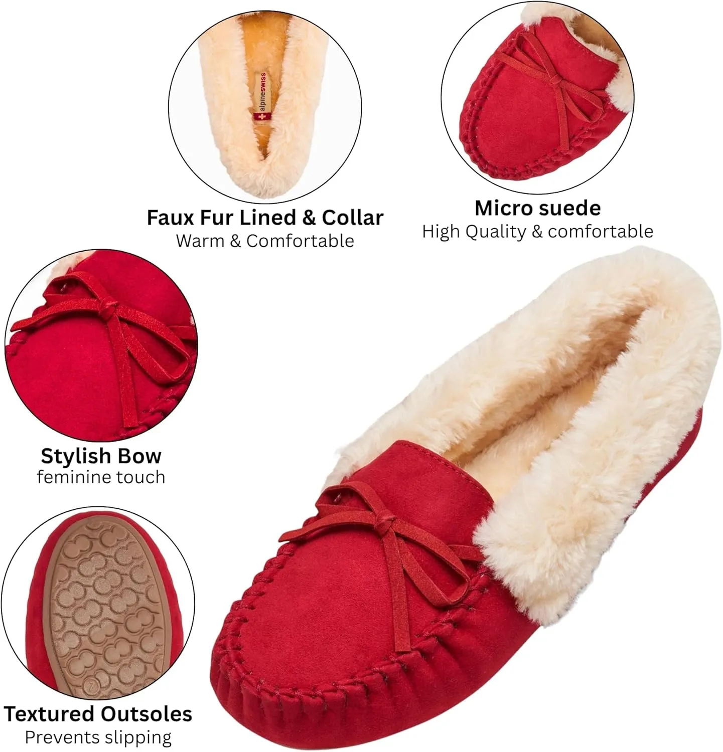 Alpine Swiss Leah Womens Moccasin Slippers | Faux Fur Lined Slip-On House Shoes | Cozy, Stylish & Durable Indoor Comfort