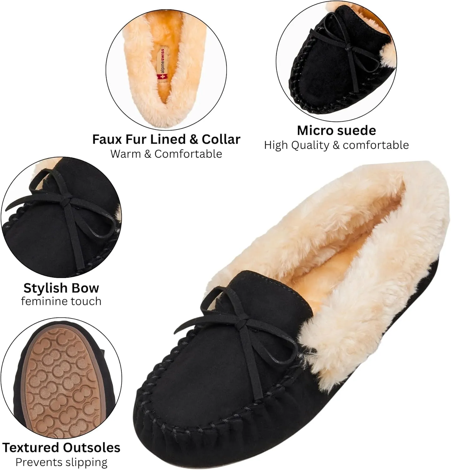 Alpine Swiss Leah Womens Moccasin Slippers | Faux Fur Lined Slip-On House Shoes | Cozy, Stylish & Durable Indoor Comfort