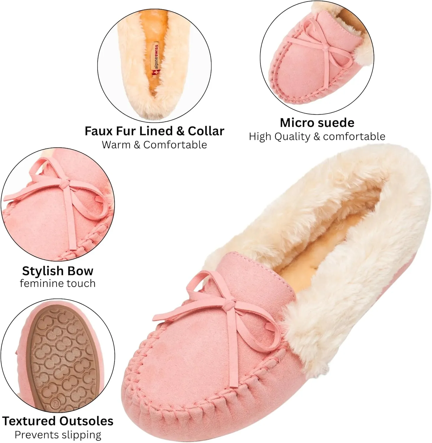 Alpine Swiss Leah Womens Moccasin Slippers | Faux Fur Lined Slip-On House Shoes | Cozy, Stylish & Durable Indoor Comfort