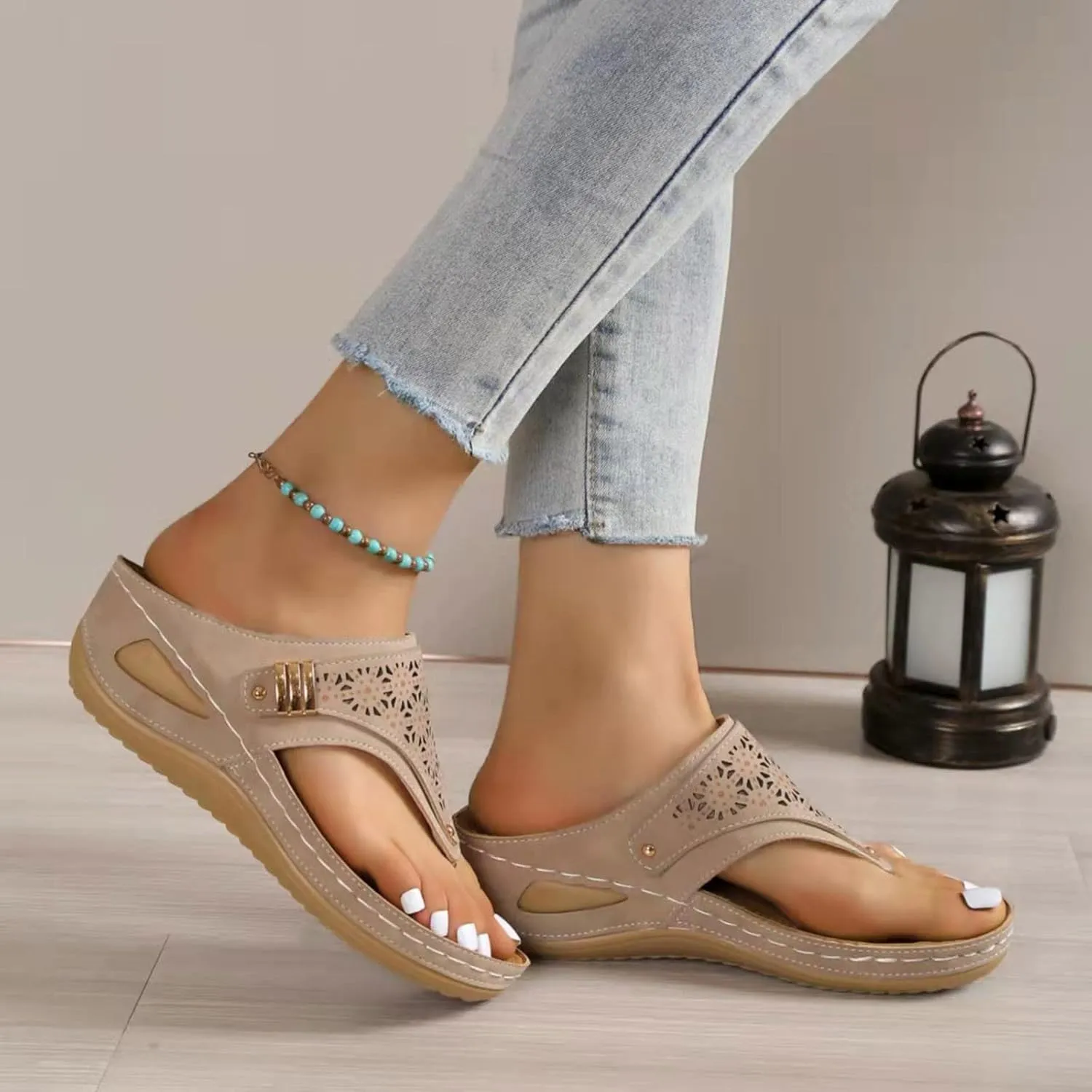 AMDBEL Orthopedic Sandals for Women, Ladies Casual Summer Sandals Comfy Slip On Wedge Sandals Slippers Arch Support Shoes