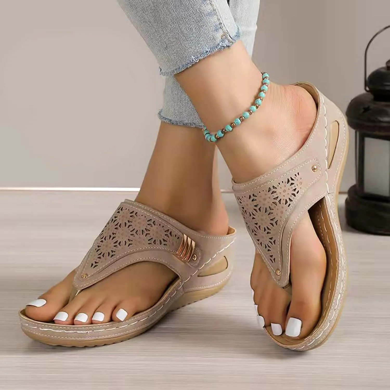 AMDBEL Orthopedic Sandals for Women, Ladies Casual Summer Sandals Comfy Slip On Wedge Sandals Slippers Arch Support Shoes