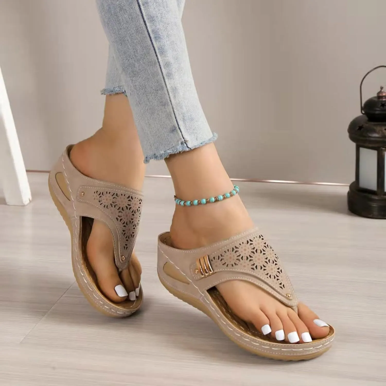 AMDBEL Orthopedic Sandals for Women, Ladies Casual Summer Sandals Comfy Slip On Wedge Sandals Slippers Arch Support Shoes