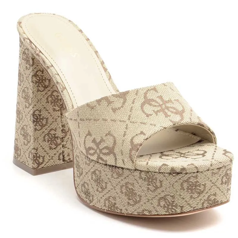 Beige Print Slide Block Heels
