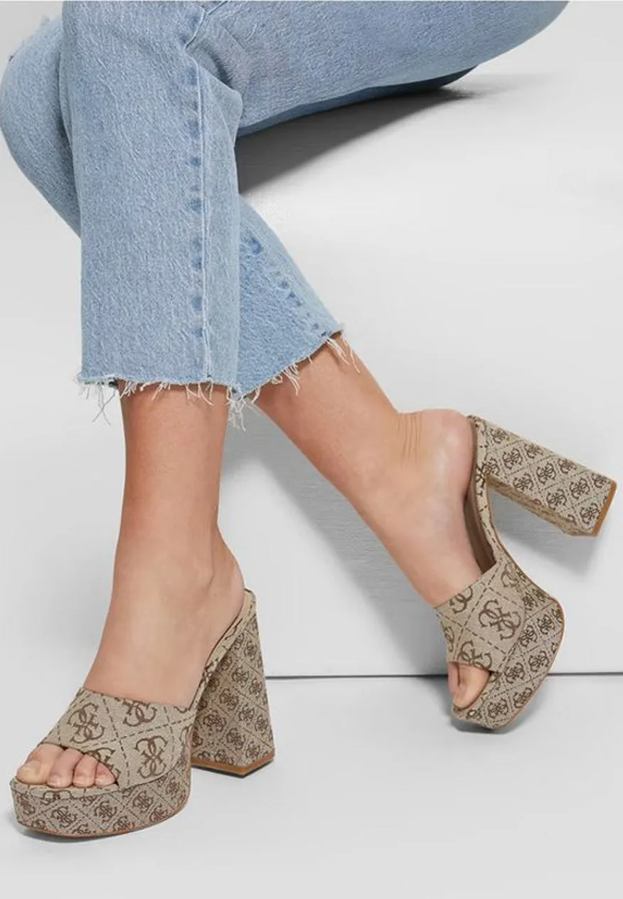 Beige Print Slide Block Heels