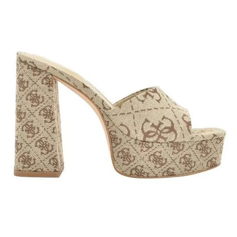 Beige Print Slide Block Heels