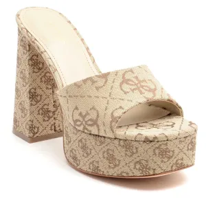 Beige Print Slide Block Heels
