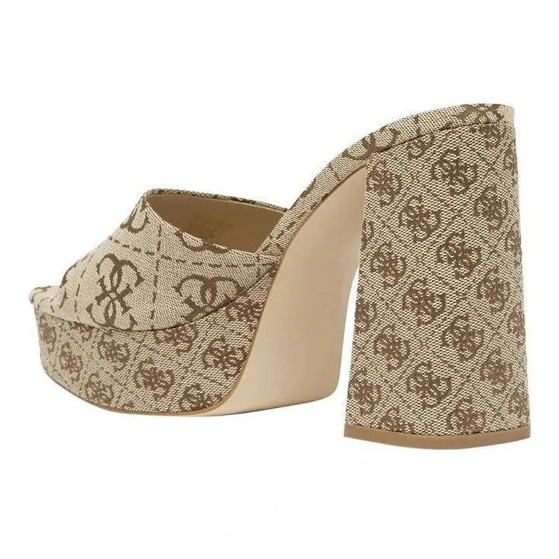 Beige Print Slide Block Heels