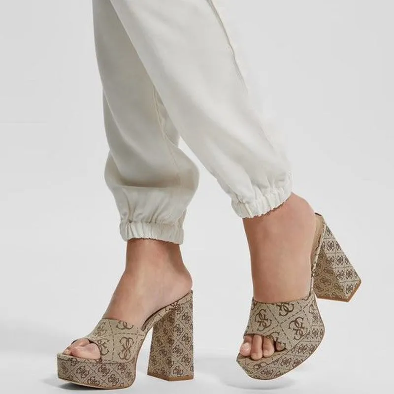Beige Print Slide Block Heels