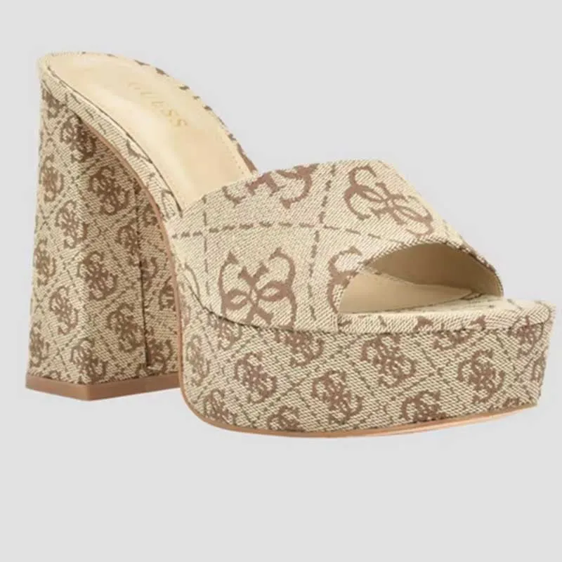 Beige Print Slide Block Heels
