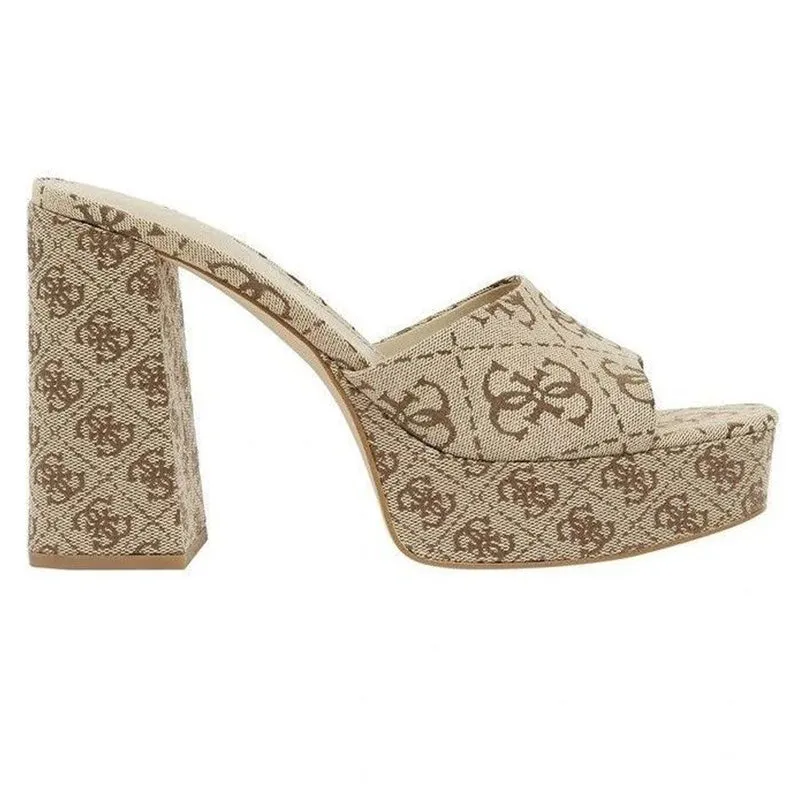 Beige Print Slide Block Heels