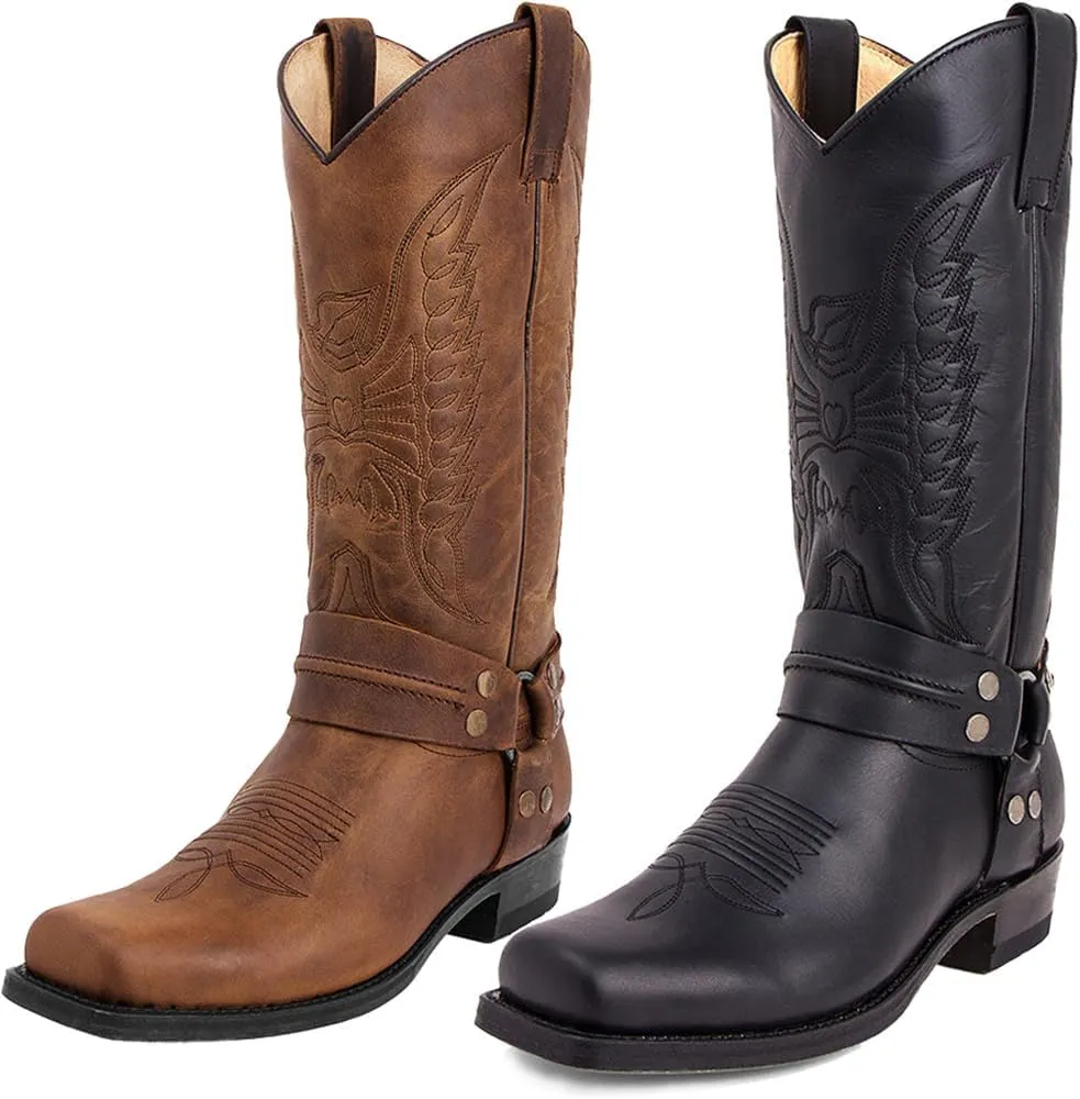 CHUUMEE Men's Classic Western Cowboy Square Toe Embroidered Cowboy Boots??Men's Square Toe Side Zip Ankle Boots