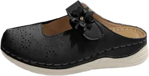 Clogs for Women Leather Comfort Mules Hollow Out Flowers Closed Toe Sandals Summer Casual Arch Support Slip On Slippers Walking Shoes