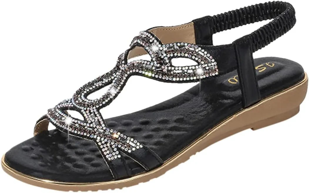 Eduavar Orthopedic Sandals for Women, Womens Sandals Comfortable Bohemia Crystal Open Toe Low Wedge Sandals Breathable Sandal