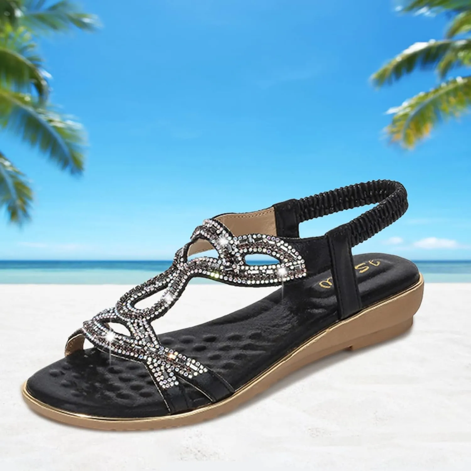 Eduavar Orthopedic Sandals for Women, Womens Sandals Comfortable Bohemia Crystal Open Toe Low Wedge Sandals Breathable Sandal