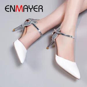 ENMAYER 2019 New Basic High Heel Pumps Women Genuine Leather Pointed Toe Party Sexy Crystal Women Shoes Solid Size 34-39 LY2424