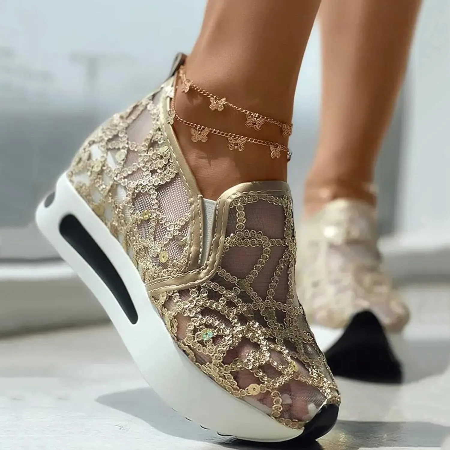 Fashion Sneakers for Women 2025 Platform Shoes for Women Floral Embroidery Breathable Sheer Mesh Lace Sneakers Air Cushion Slip On Comfortable Platform Wedge Sneaker Summer Casual Walking Work Shoes