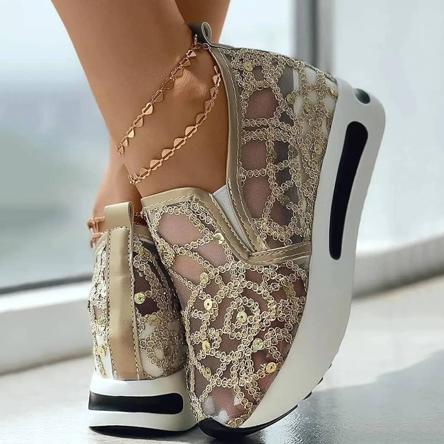 Fashion Sneakers for Women 2025 Platform Shoes for Women Floral Embroidery Breathable Sheer Mesh Lace Sneakers Air Cushion Slip On Comfortable Platform Wedge Sneaker Summer Casual Walking Work Shoes