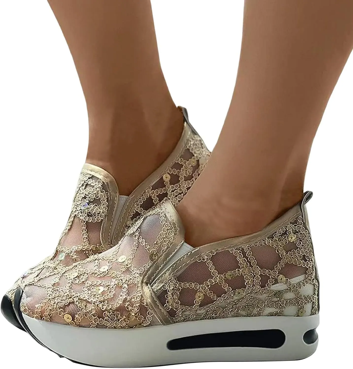 Fashion Sneakers for Women 2025 Platform Shoes for Women Floral Embroidery Breathable Sheer Mesh Lace Sneakers Air Cushion Slip On Comfortable Platform Wedge Sneaker Summer Casual Walking Work Shoes