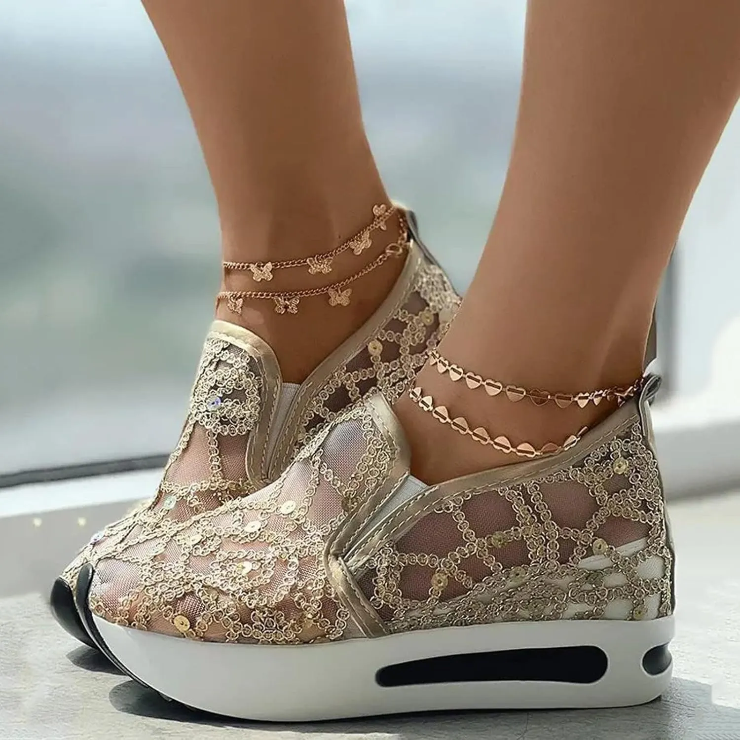 Fashion Sneakers for Women 2025 Platform Shoes for Women Floral Embroidery Breathable Sheer Mesh Lace Sneakers Air Cushion Slip On Comfortable Platform Wedge Sneaker Summer Casual Walking Work Shoes