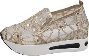 Fashion Sneakers for Women 2025 Platform Shoes for Women Floral Embroidery Breathable Sheer Mesh Lace Sneakers Air Cushion Slip On Comfortable Platform Wedge Sneaker Summer Casual Walking Work Shoes