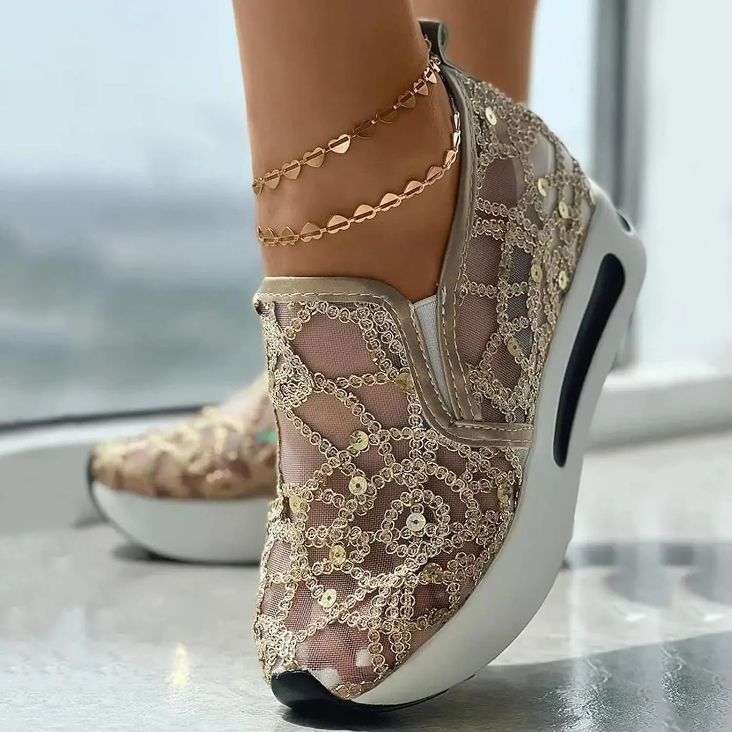 Fashion Sneakers for Women 2025 Platform Shoes for Women Floral Embroidery Breathable Sheer Mesh Lace Sneakers Air Cushion Slip On Comfortable Platform Wedge Sneaker Summer Casual Walking Work Shoes