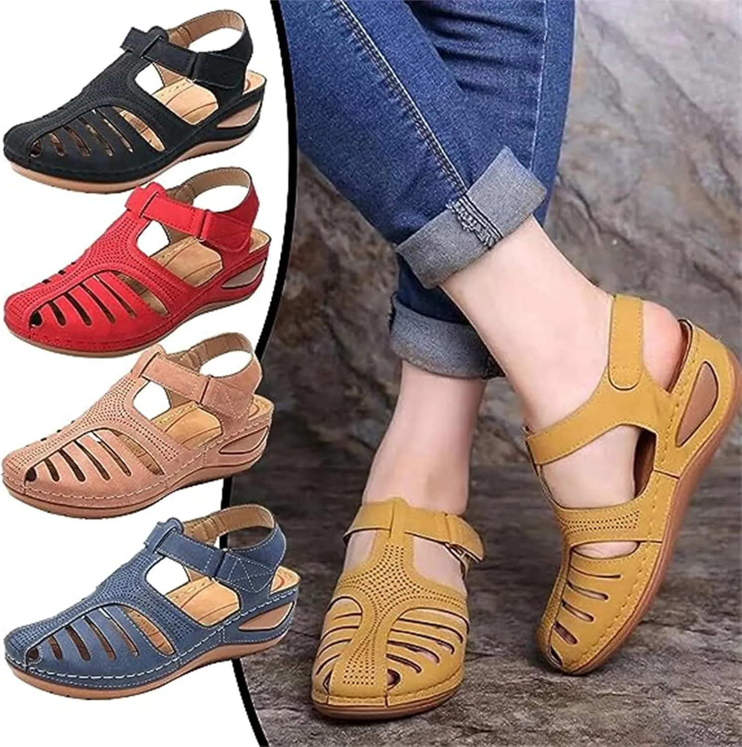 FFMA Sandals Womens Summer Closed Toe Orthopedic Wedge Sandals Hollow Platform Gladiator Sandals Dressy Summer Clearance Beach Shoes Arch Support