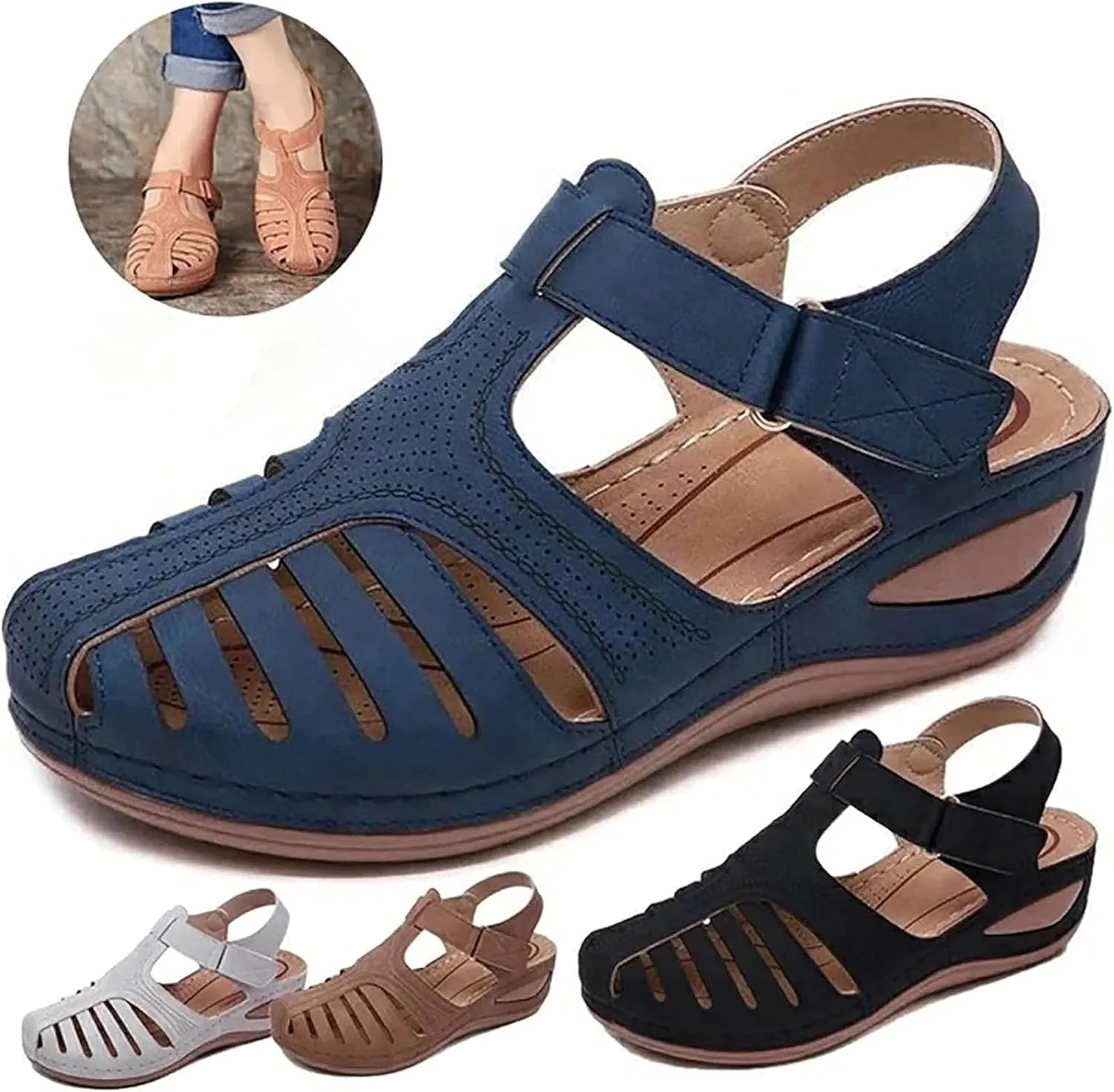 FFMA Sandals Womens Summer Closed Toe Orthopedic Wedge Sandals Hollow Platform Gladiator Sandals Dressy Summer Clearance Beach Shoes Arch Support