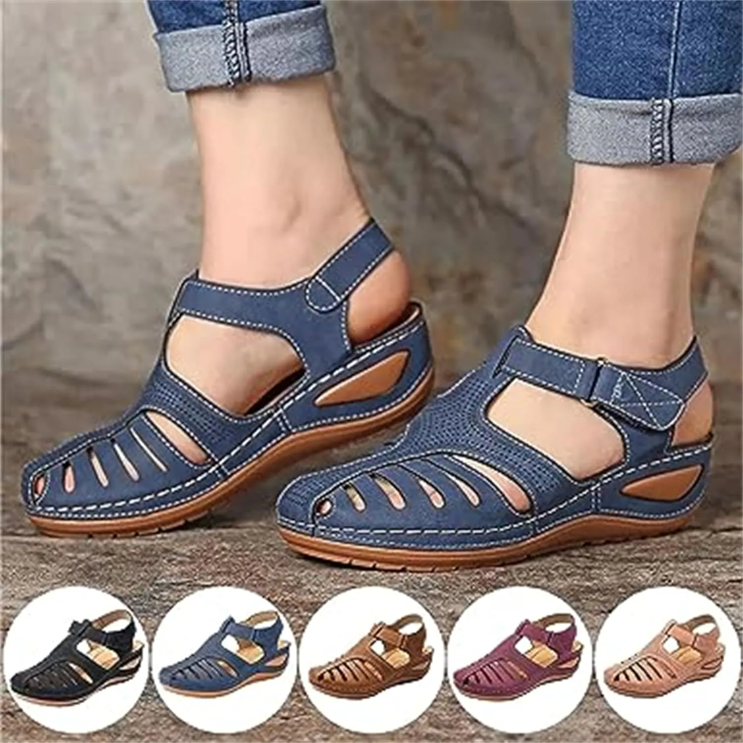 FFMA Sandals Womens Summer Closed Toe Orthopedic Wedge Sandals Hollow Platform Gladiator Sandals Dressy Summer Clearance Beach Shoes Arch Support