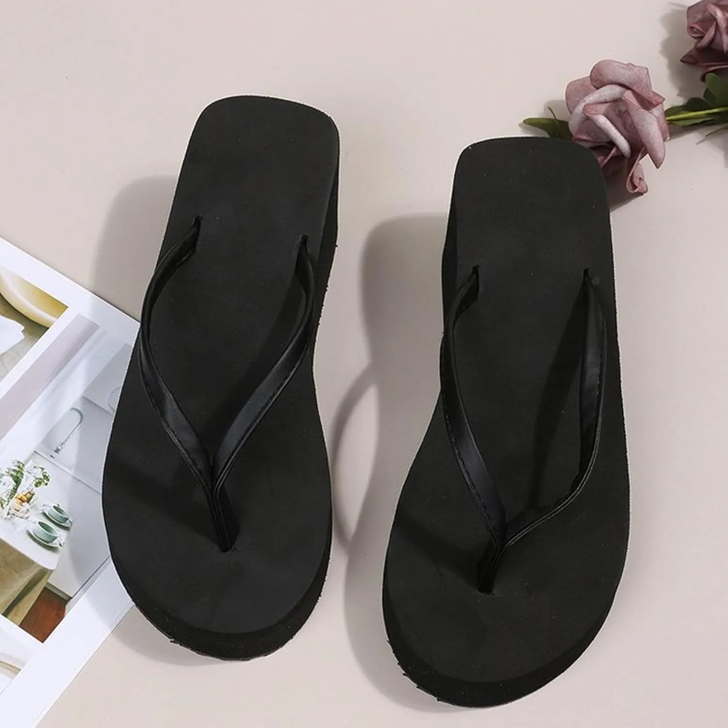 Flip Flops for Women with Arch Support Women's Fashion Slope Heel Thick Bottom Heightening Solid Color Spring And Summer Beach A Foot Stirrup Flip Flops