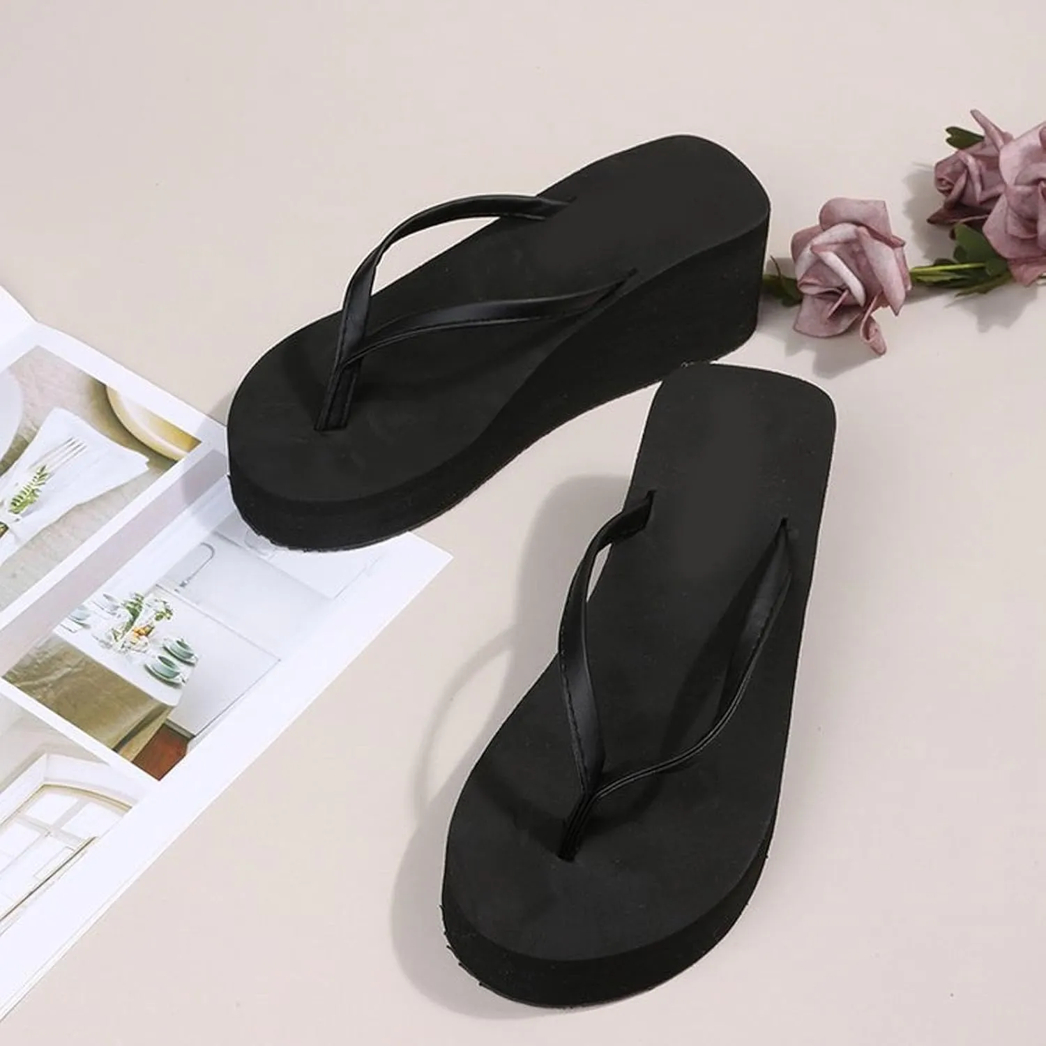 Flip Flops for Women with Arch Support Women's Fashion Slope Heel Thick Bottom Heightening Solid Color Spring And Summer Beach A Foot Stirrup Flip Flops