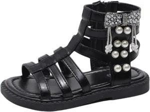 Girl's Gladiator Sandals Cute Strappy Sparkly Pearl Flats Open Toe Non-slip Princess Sandals Kids Beach Roman Shoes