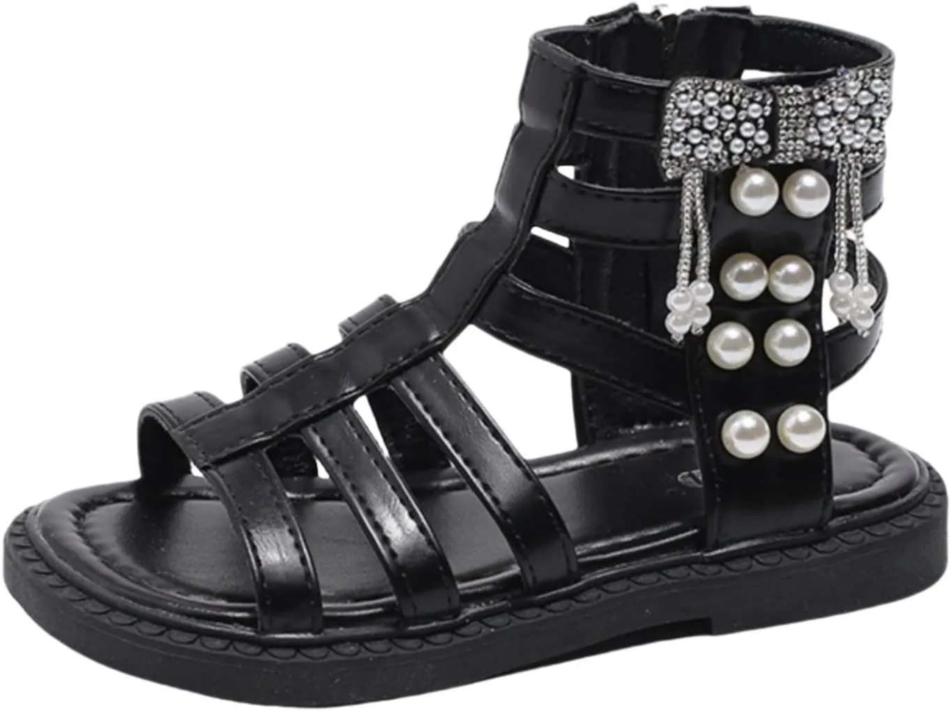 Girl's Gladiator Sandals Cute Strappy Sparkly Pearl Flats Open Toe Non-slip Princess Sandals Kids Beach Roman Shoes