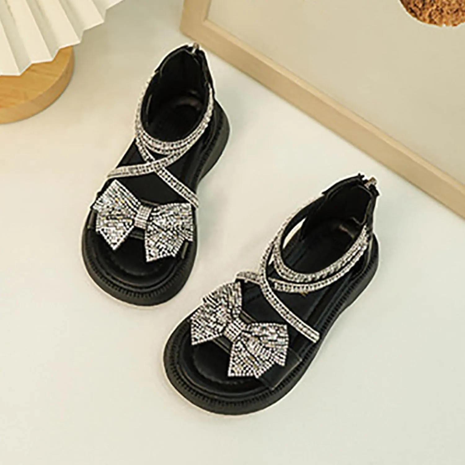 Girl's Rhinestone Gladiator Sandals Sparkly Cute Bowknot Open Toe Princess Sandals with Zipper Kids Beach Roman Shoes