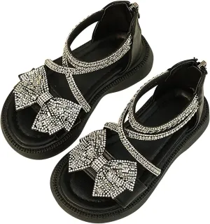 Girl's Rhinestone Gladiator Sandals Sparkly Cute Bowknot Open Toe Princess Sandals with Zipper Kids Beach Roman Shoes