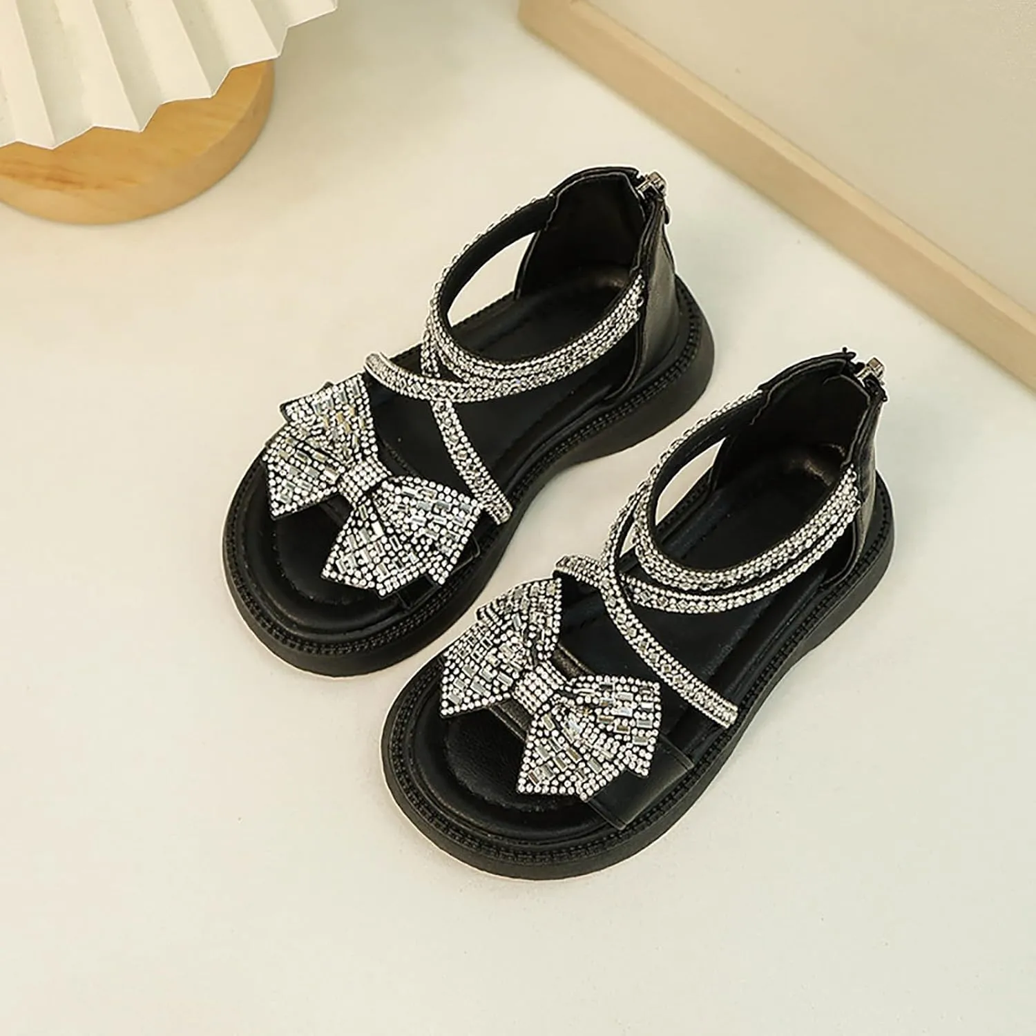 Girl's Rhinestone Gladiator Sandals Sparkly Cute Bowknot Open Toe Princess Sandals with Zipper Kids Beach Roman Shoes