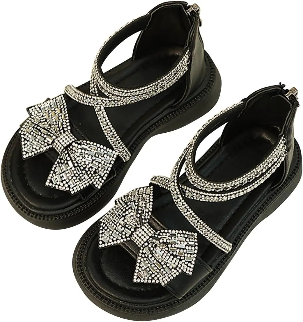 Girl's Rhinestone Gladiator Sandals Sparkly Cute Bowknot Open Toe Princess Sandals with Zipper Kids Beach Roman Shoes