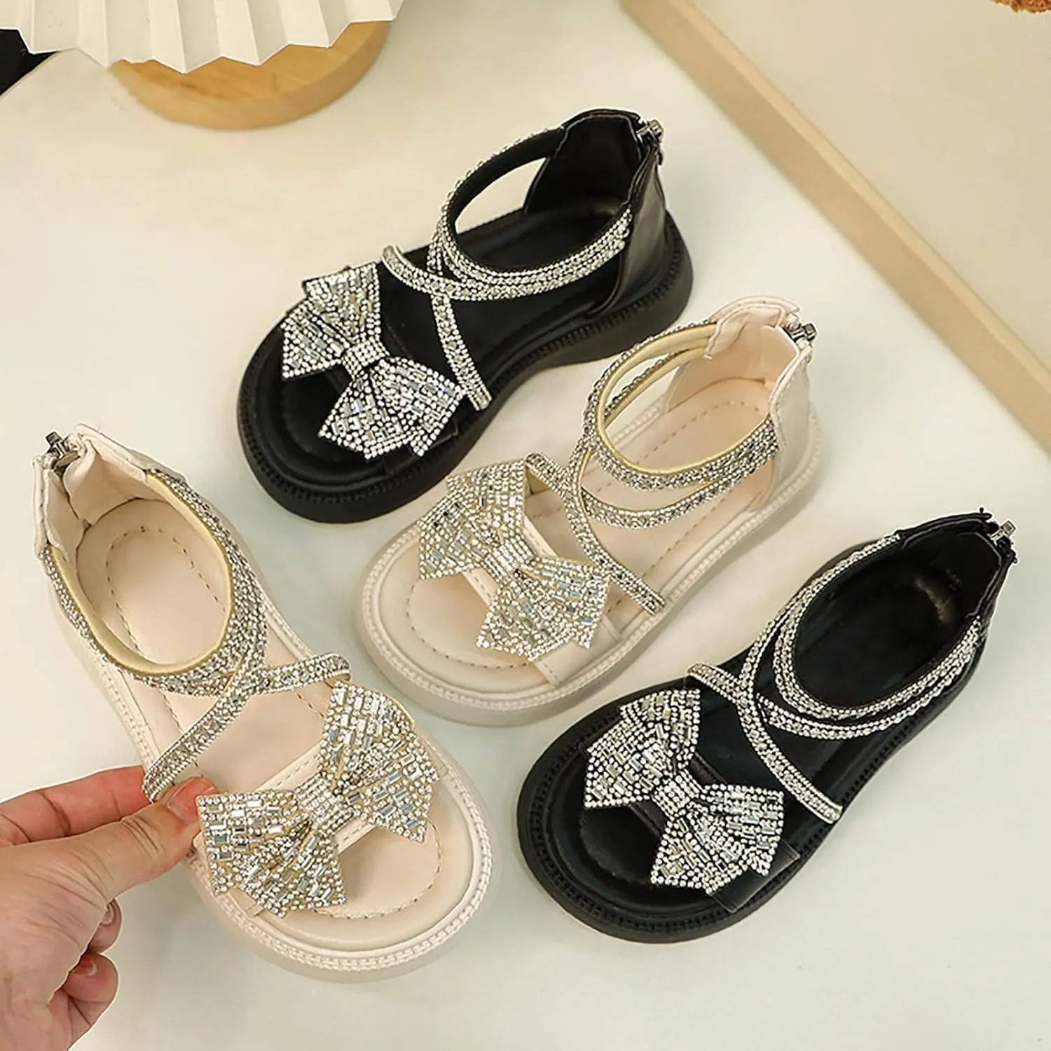 Girl's Rhinestone Gladiator Sandals Sparkly Cute Bowknot Open Toe Princess Sandals with Zipper Kids Beach Roman Shoes