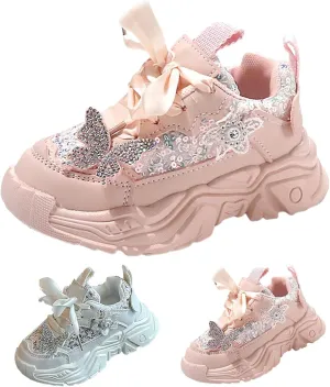 Girls Sneakers Bow Lace Embroidery Running Sport Shoes Kids Cute Breathable Outdoor First Walking Non Slip Sneakers