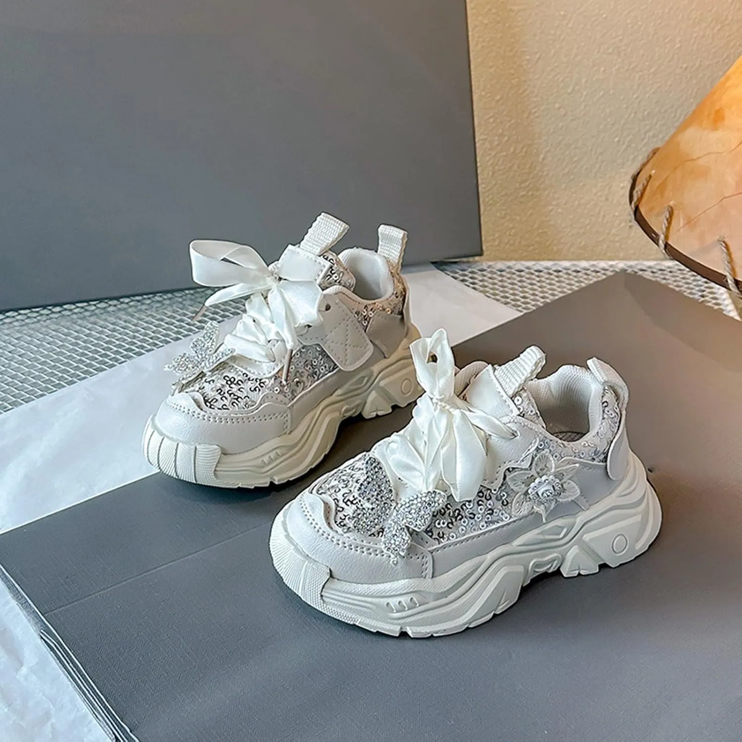 Girls Sneakers Bow Lace Embroidery Running Sport Shoes Kids Cute Breathable Outdoor First Walking Non Slip Sneakers