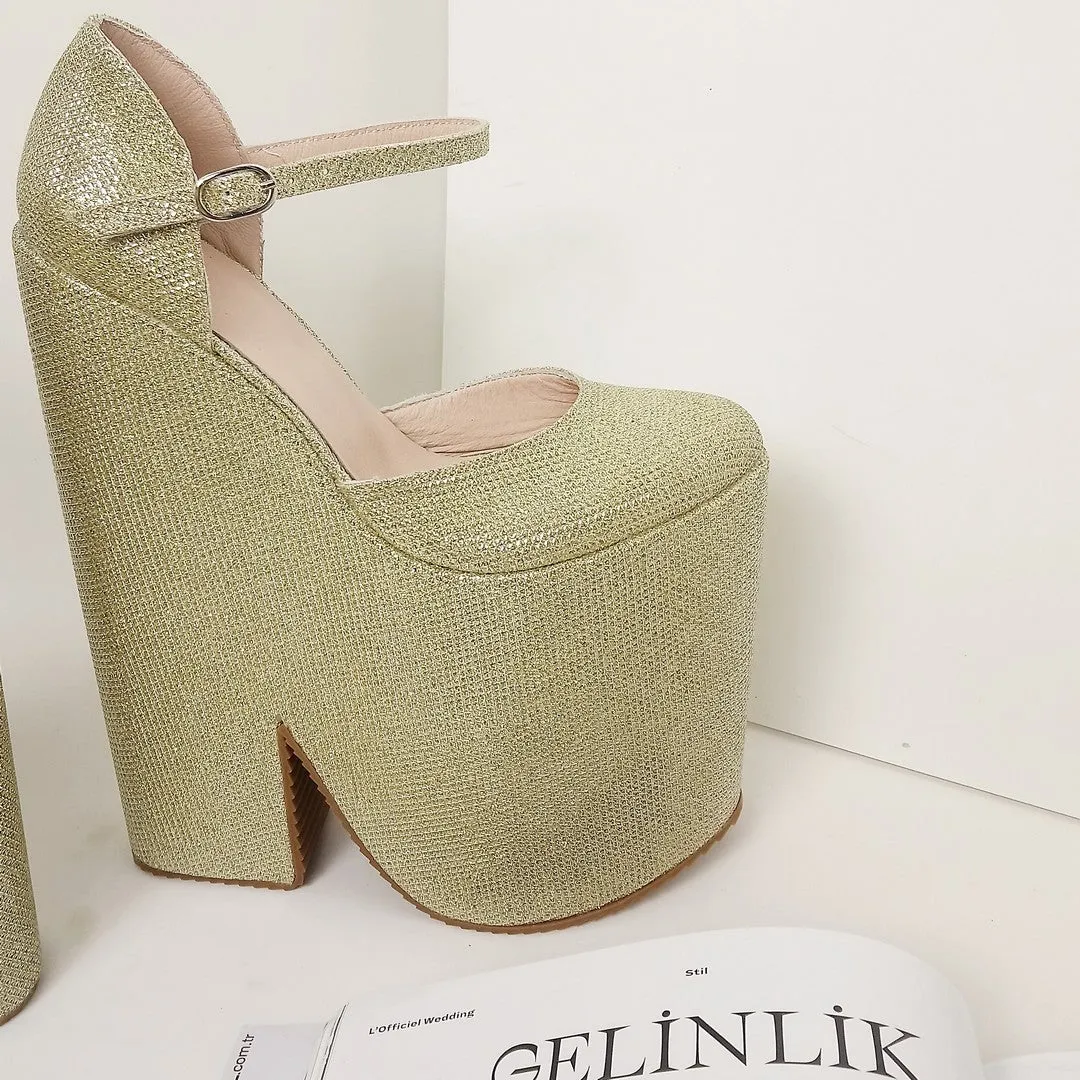 Gold Shiny High Heel Stylish Wedge Shoes
