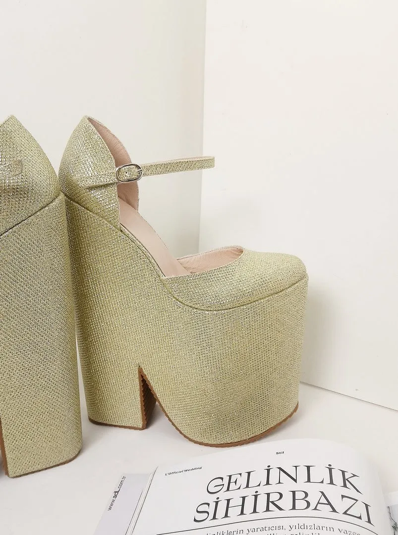Gold Shiny High Heel Stylish Wedge Shoes