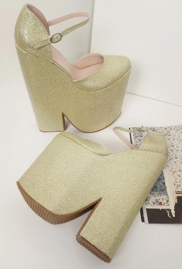 Gold Shiny High Heel Stylish Wedge Shoes